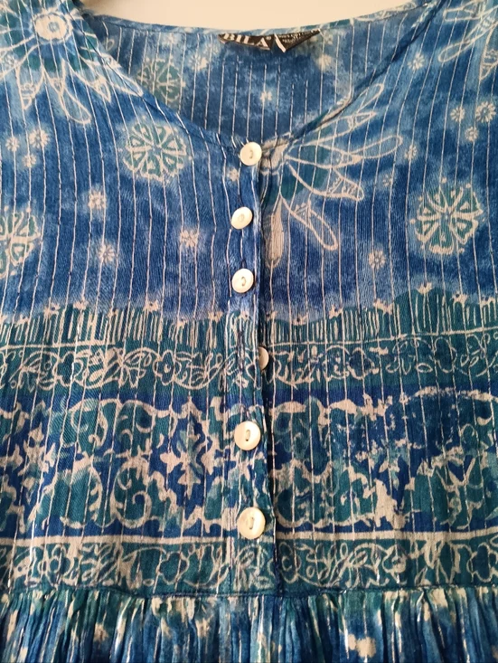 Bila Blue Metallic Print Dress M Boho Button Front Lined Midi Dress - Picture 4 of 6